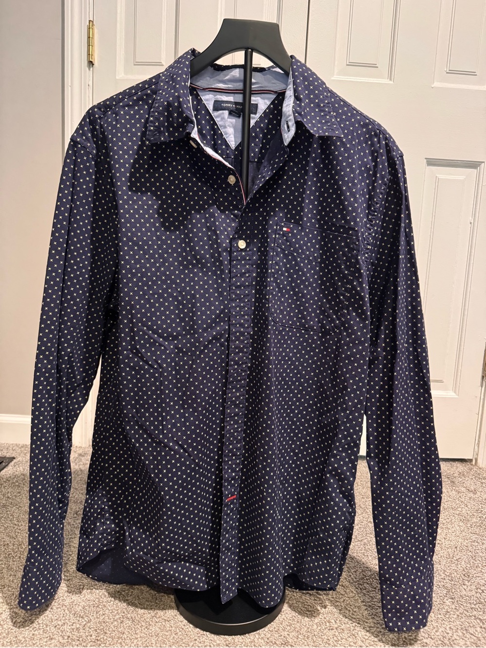 Tommy Hilfiger Navy Micro-Print Long Sleeve Button-Down Shirt